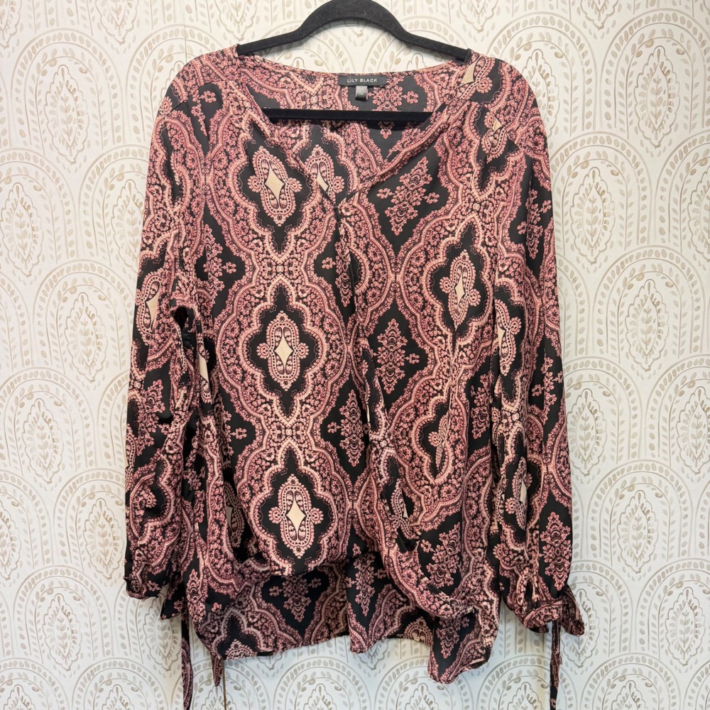 Lily Black Blouse Womens 3X Pink Paisley Long Sleeve Tie Cuff Wrap Front Top